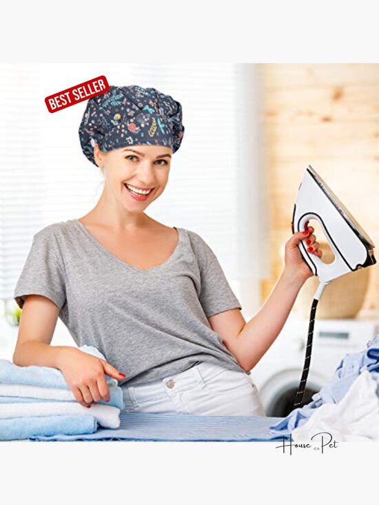 6 Pack Elastic Bouffant Caps with Buttons Nursing Surgical Hats Cotton Scrub
